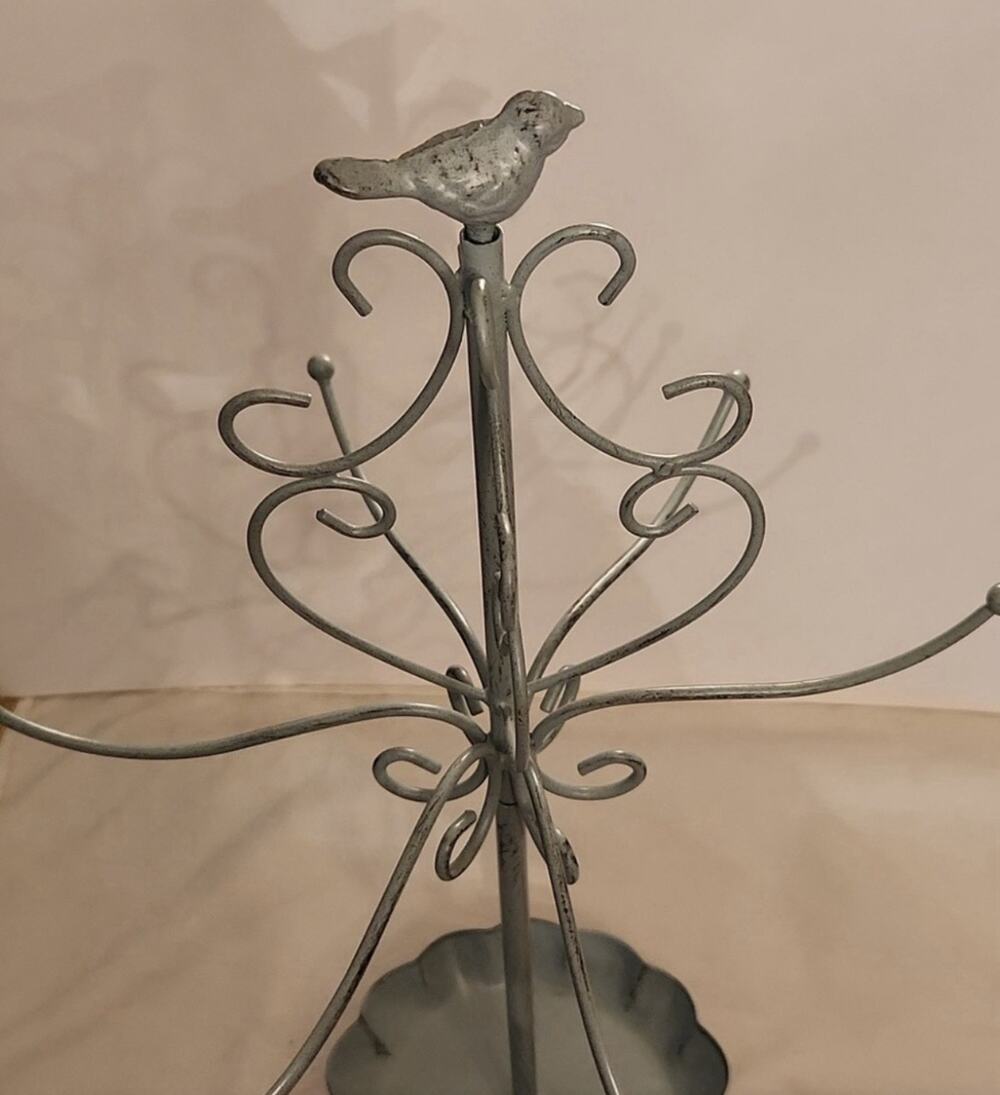 Metal With Metal Base Bird Jewelry Tree Stand Necklace Organizer 18” Tall